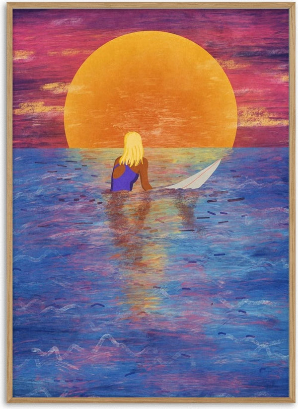 Surfer Girl by Raissa Oltmanns: Blonde woman with surfboard in vibrant ocean at sunset, facing large orange sun.