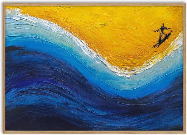 Surfing by GAHO - a black surfer on a navy and turquoise wave under a yellow sky