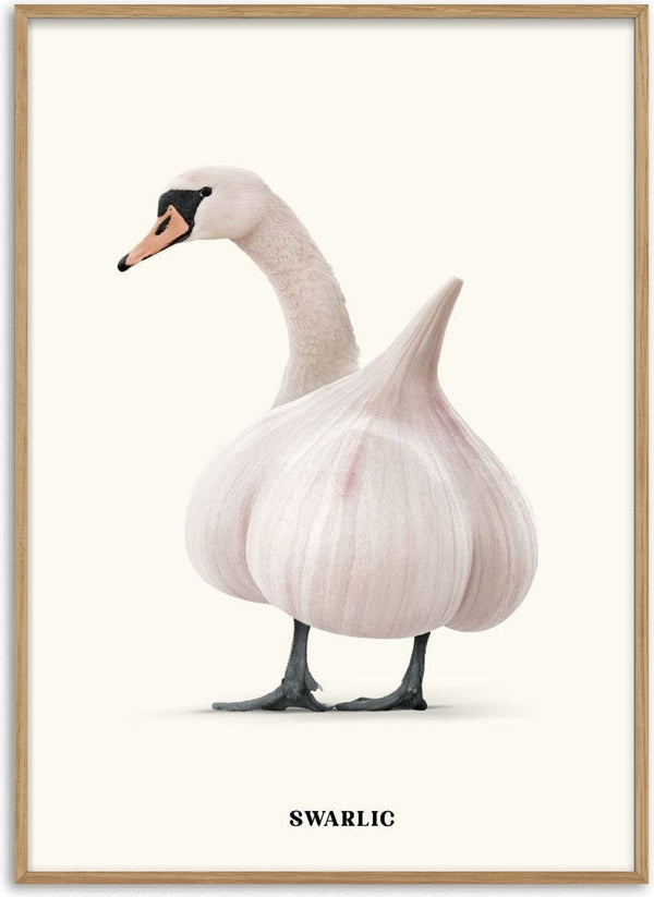 Swarlic by Jonas Loose - a mute swan's head and feet joined to a white garlic bulb on cream