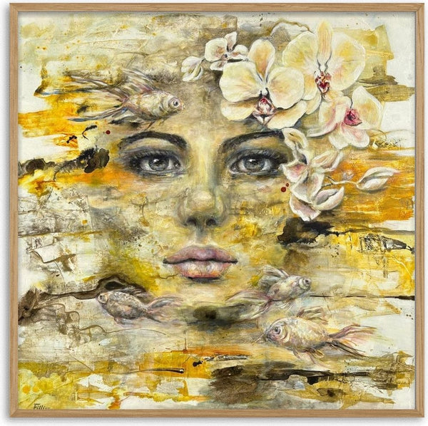 Symbiose by Anke Fillies - a woman's face among orchids and fish in ochre and yellow