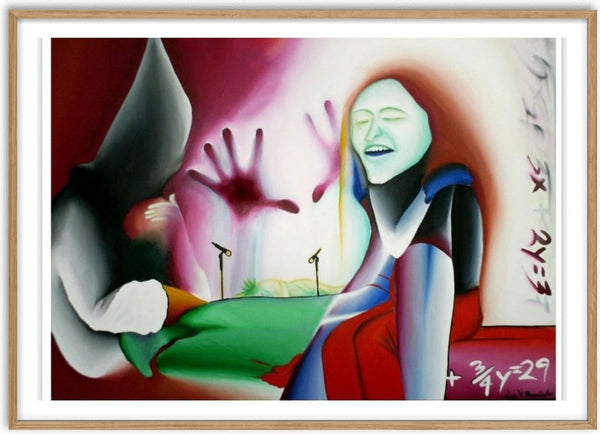 Ténue véu entre o Génio e a Loucura by Luis Valquaresma - a pale figure on a red bed under a handprint and equations