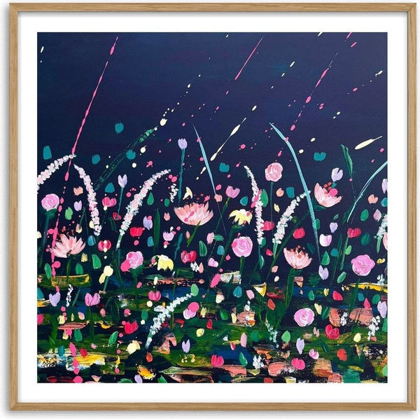 Thames Rain by Rebecca Wright - pink waterlilies and white grasses against a near black night sky