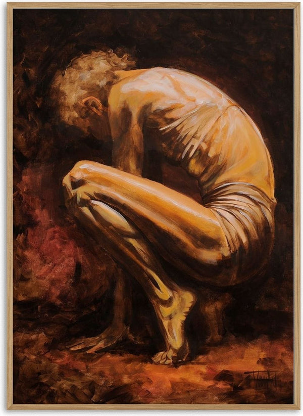 The Age by VanW - an older man curled into a ball on the ground, lit ochre against dark red-brown
