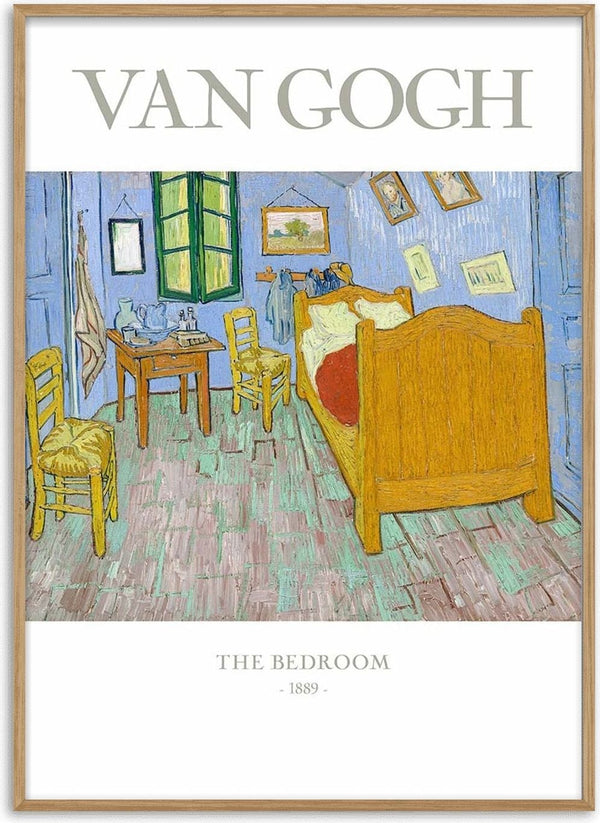 Van Gogh's "The Bedroom" painting showing a cozy bedroom with wooden furniture and blue walls.