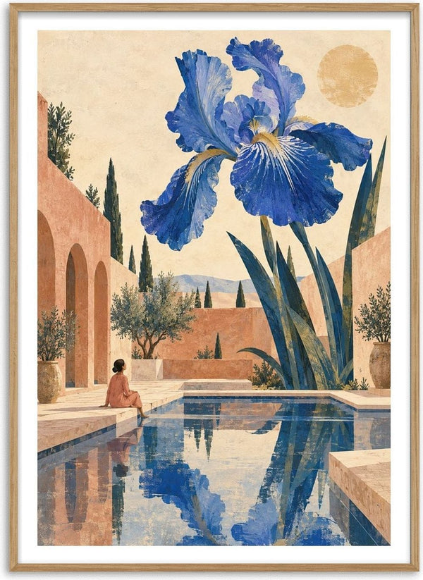 The Blue Garden by Matthews Gallerie - a giant blue iris above a courtyard pool and terracotta walls