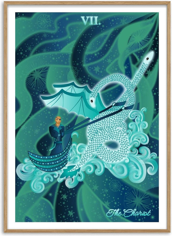 The Chariot by Sciurus tarotus - a figure in a star-covered boat drawn by a pale sea dragon through turquoise waves