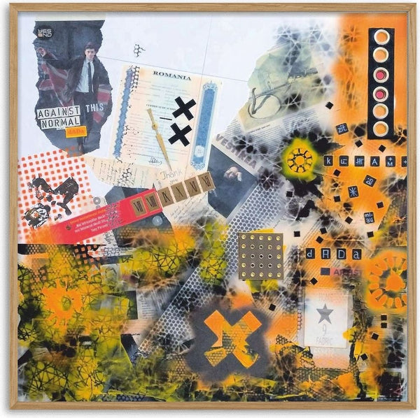 The day when the mole was invented by Dada - orange spray stencils over certificates, Scrabble tiles and studs