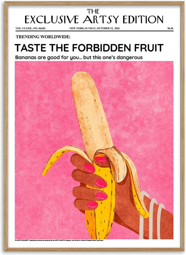 A hand with pink nails holds a peeled banana on the cover of The Forbidden Fruit Artsy Edition product page.