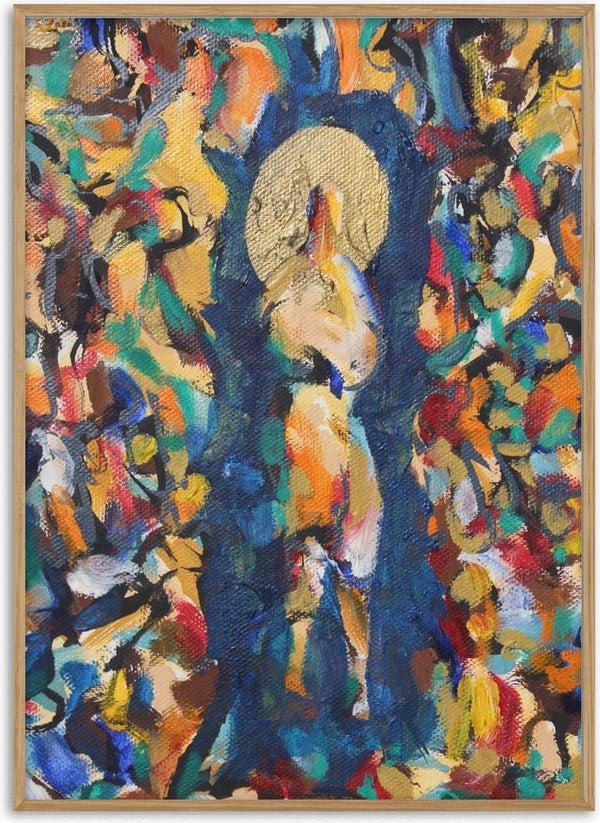 The Halo Up Close by António D'Albuquerque - a figure with a gold halo in a crowd of colour