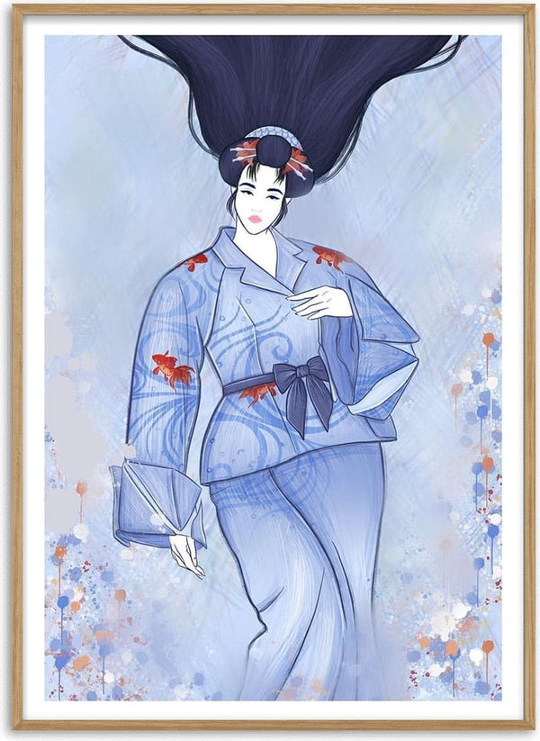 Illustration of a Japanese woman in a blue kimono with koi fish, featured on "The Japanese Woman" by Kate Aitana.