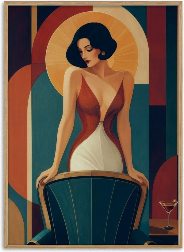 The Last Martini by ArtySjak - an Art Deco portrait in teal and terracotta with a martini glass