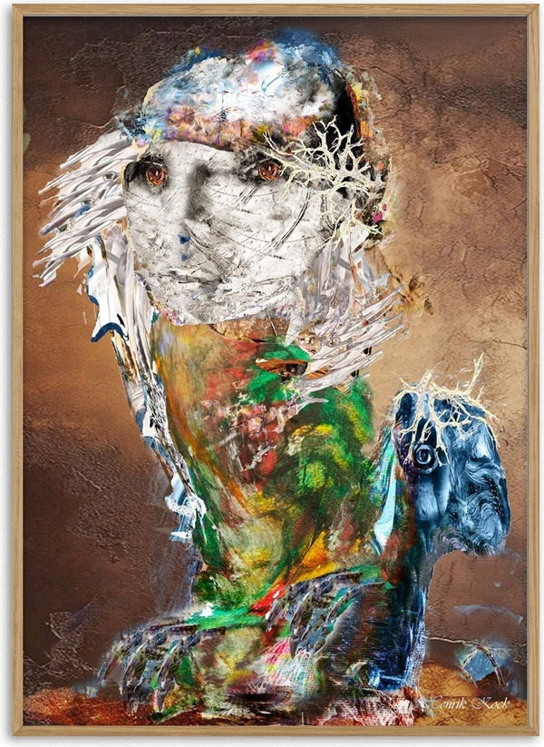 The Little People No.2 by Henrik Kock - a wrapped white face over a body of torn colour on rust brown
