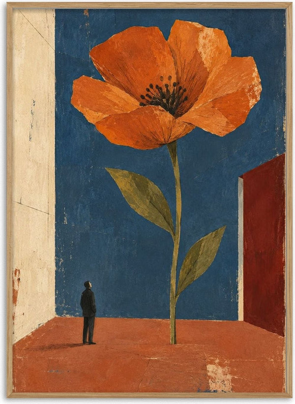 The Orange Room by Matthews Gallerie — a giant orange flower towering over a small figure in a deep blue room