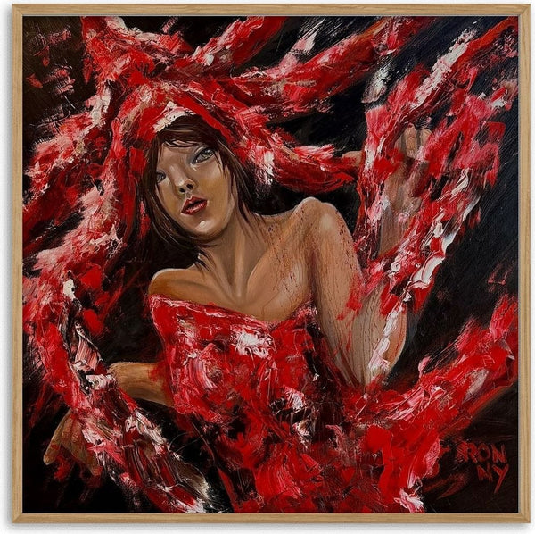 The Party by Ronny Simon - a woman in a red strapless dress amid thick red and black strokes