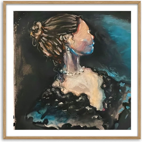 The Rich Lady by Christin - a profile portrait with pearls against black and turquoise