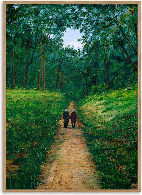 The way of live by Juergen Duerrmann - two figures walking down a sandy path through a green summer wood