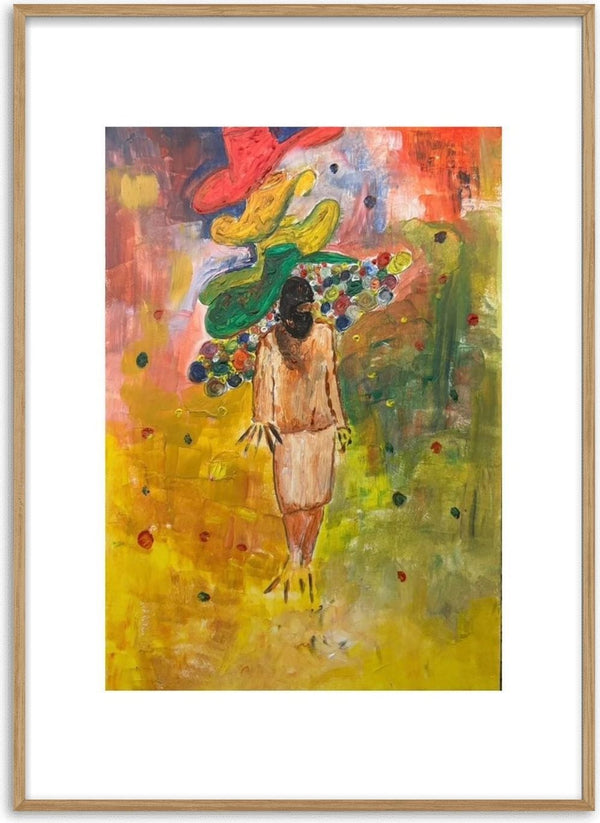 The weight of the world full colour by Madame Petit - a figure carrying a load of colour across her shoulders in a yellow field