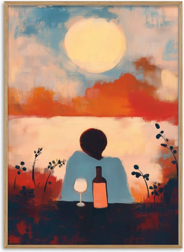 Abstract art for "Time Alone" by Martin Zen; person with wine gazes at sunset over water, surrounded by plants.