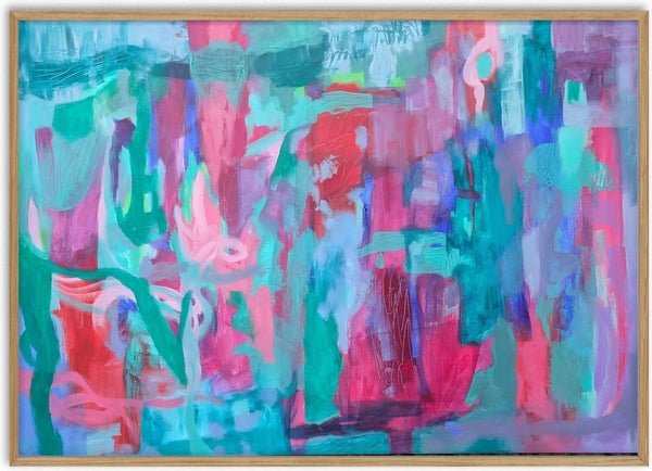Transitions by Janet Bell - blocks of turquoise and aqua crossed by hot pink and magenta