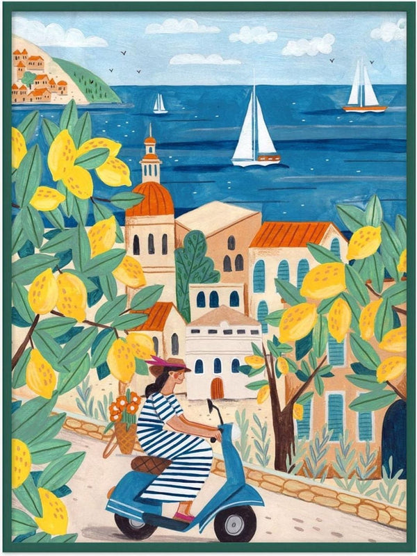 Woman on a scooter with lemons, Amalfi coast town, and sailboats in the background. Travel poster art style.