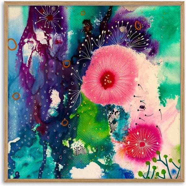 Underwater Blossom by Debbie Seenan - pink blossoms on turquoise and violet ink with white drawn flowers
