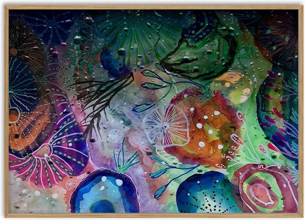 Underwater secrets by Debbie Seenan - patterned blue, violet and coral shells and anemones