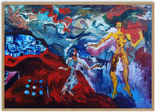 Valley of Angels by Will Black - a yellow winged figure above a red hillside and a blue village