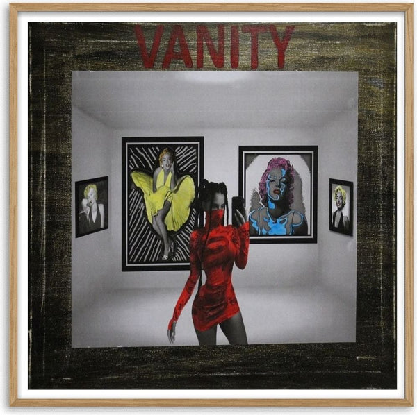 Vanity by Kaiser - collage of a woman in a red dress taking a selfie in a gallery of Marilyn Monroe portraits under the word Vanity
