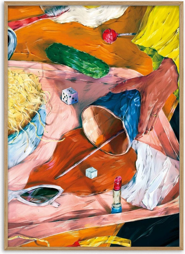 Vibrant Everyday Still Life by Natascha Baumgärtner – fried egg, noodles, lipstick and sunglasses on a pink table