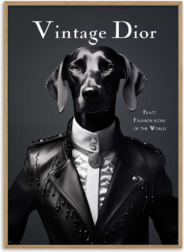 A stylish dog in a leather jacket and ruffled shirt poses under the Vintage Dior logo on a dark background.