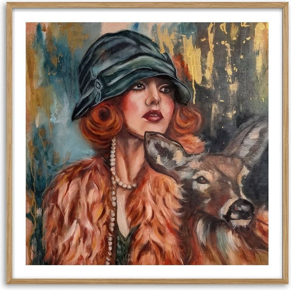 Vintage Harmony by Elisa Kay - a woman in a green cloche hat and rust fur coat with a deer at her shoulder