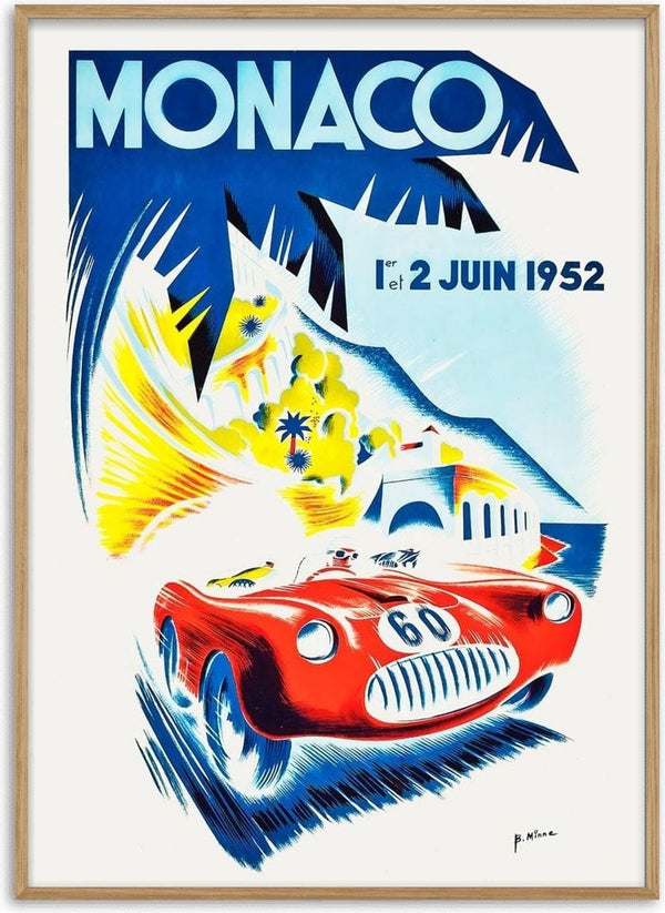 Vintage Monaco poster featuring a red race car, palm trees, and bold "MONACO 1er 2 JUIN 1952" text.