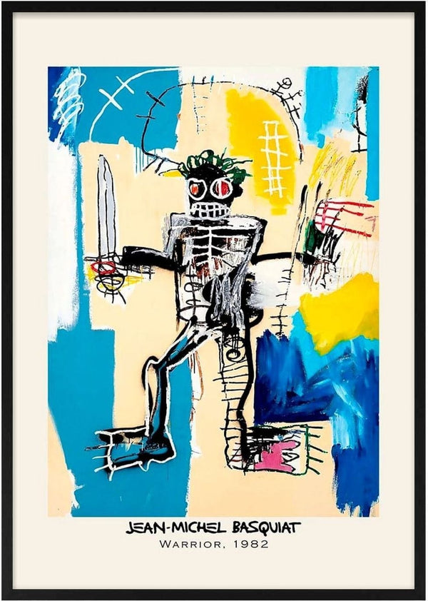Abstract painting "Warrior" by Jean-Michel Basquiat, featuring a bold skeletal figure with vibrant colors.
