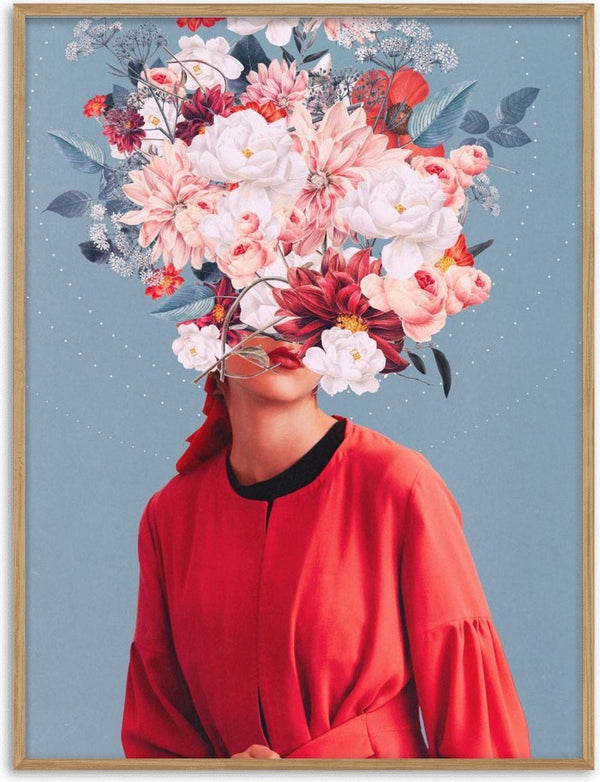 Surreal portrait of a woman in red with her face obscured by a large bouquet of flowers, on a blue background.