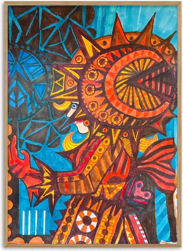 Welcome by ALEX - patterned orange sun face with a small figure against a blue triangle mosaic