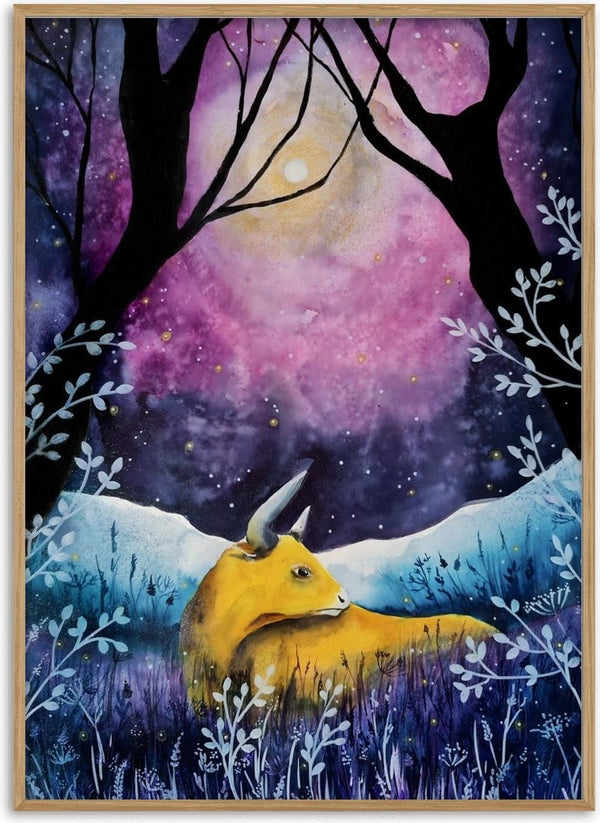 Where the Sky Breathes by Evgenia Smirnova - golden bull under a violet starry sky