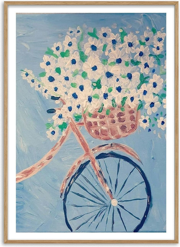 Whimsical Journey in White by Bibi - a bicycle basket full of white blossoms on pale blue