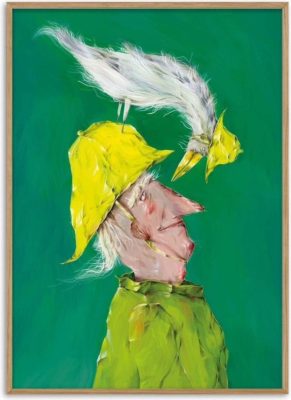 Whimsical Man with Bird by Natascha Baumgärtner – old man in a yellow hat with a white bird perched on top