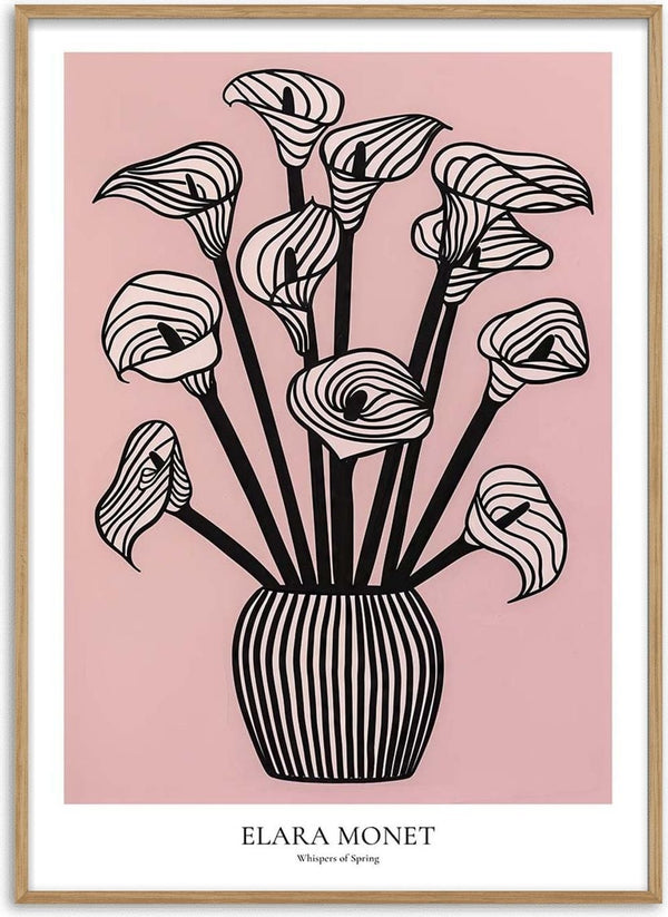 Stylized black and white flowers in a striped vase on a pink background, from Whispers of Spring by Elara Monet.