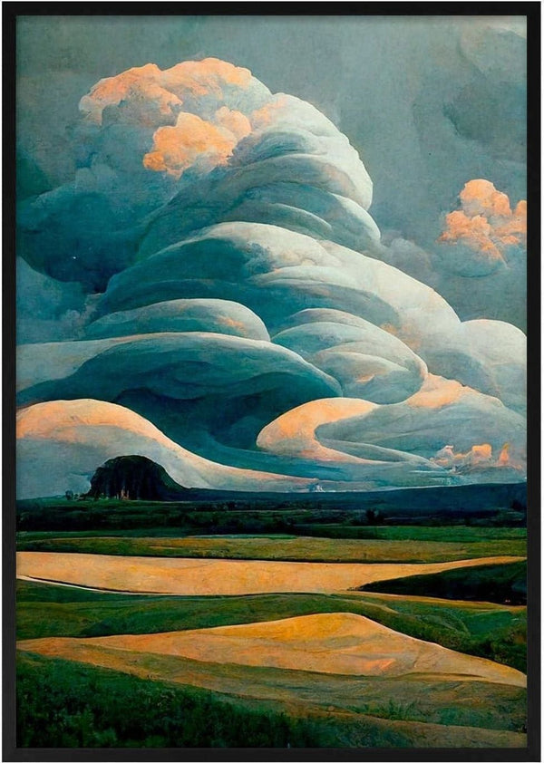 Painting of dramatic swirling clouds above a serene landscape, featured in Winnie Møller - Skyer i Bølger.