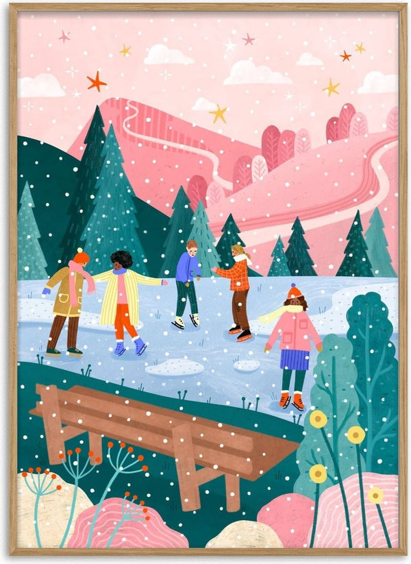 Winter Skating Friends by Bea Müller – friends ice skating on a frozen pond beneath pink snowy hills
