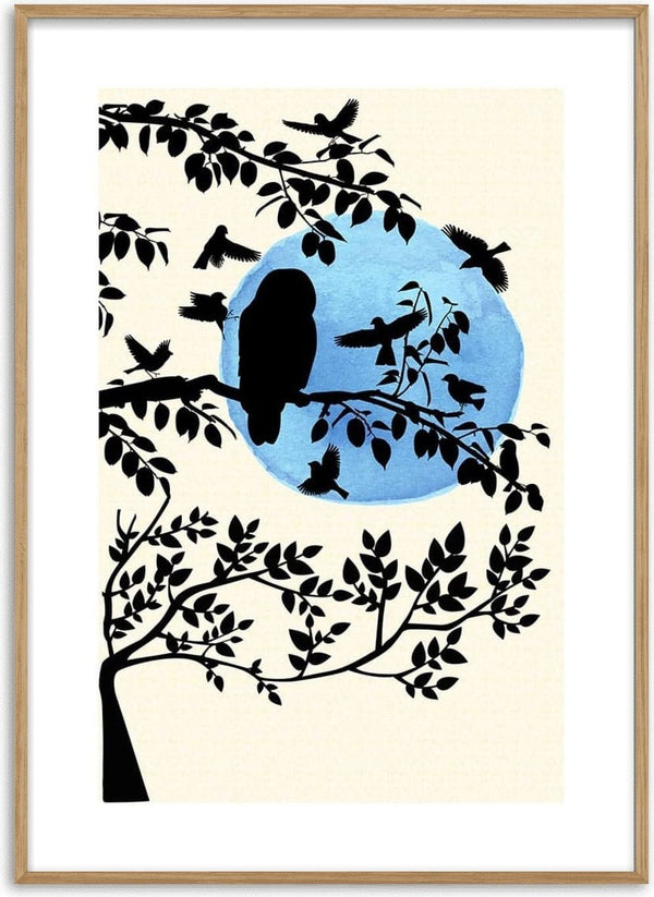 Silhouette of birds on tree branches against a blue moon, featured in the Wintermorning and birds poster.