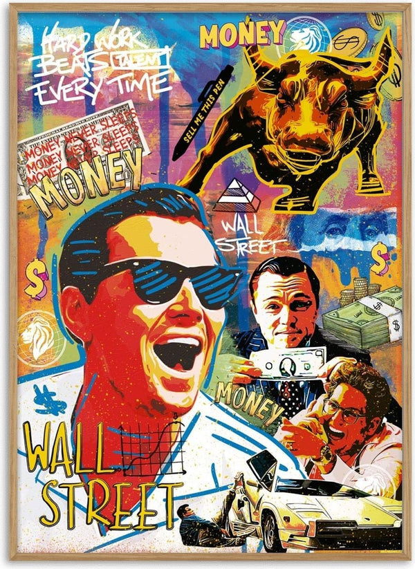 Colorful collage featuring Ricardo Noble, Wall Street bull, money symbols, and luxury car promoting Wolf of Wall Street 2.
