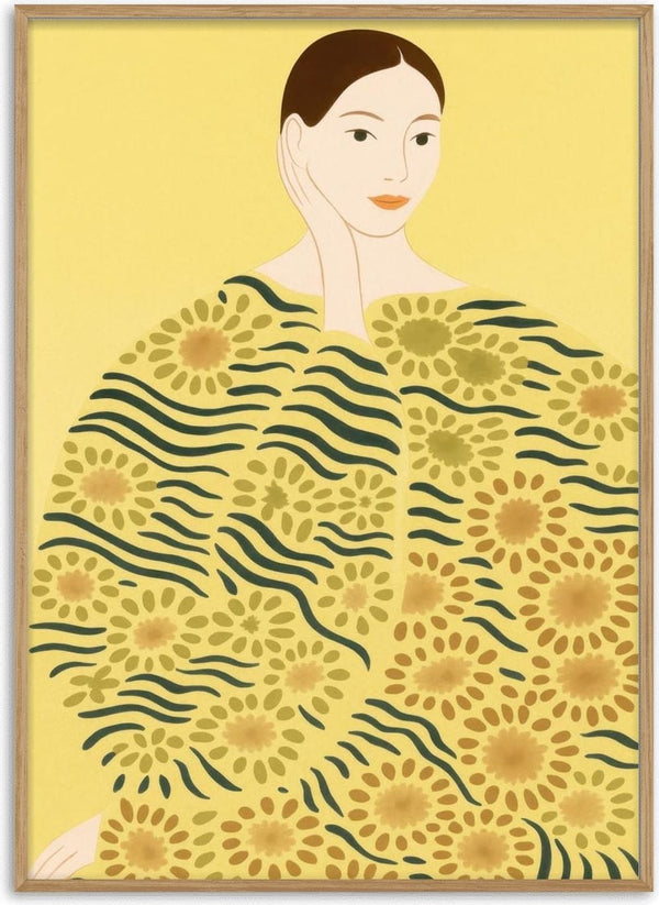 Illustration of a woman in a yellow floral-patterned outfit on a yellow background, from Yellow Hero by Martina Karlsson.