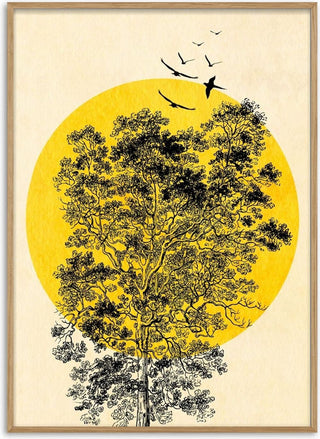 Yellow sun with black birds poster