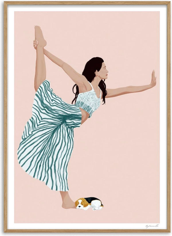 Woman practicing yoga pose in flowing skirt with a small dog resting by her feet on a pink background.