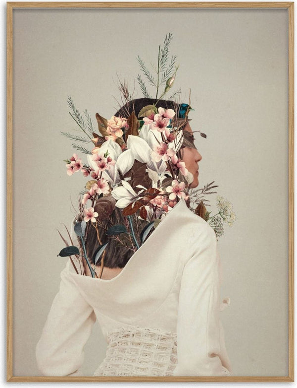 Surreal art of a woman in white with flowers and leaves blooming from her back, from You Gifted Me an Autumn.