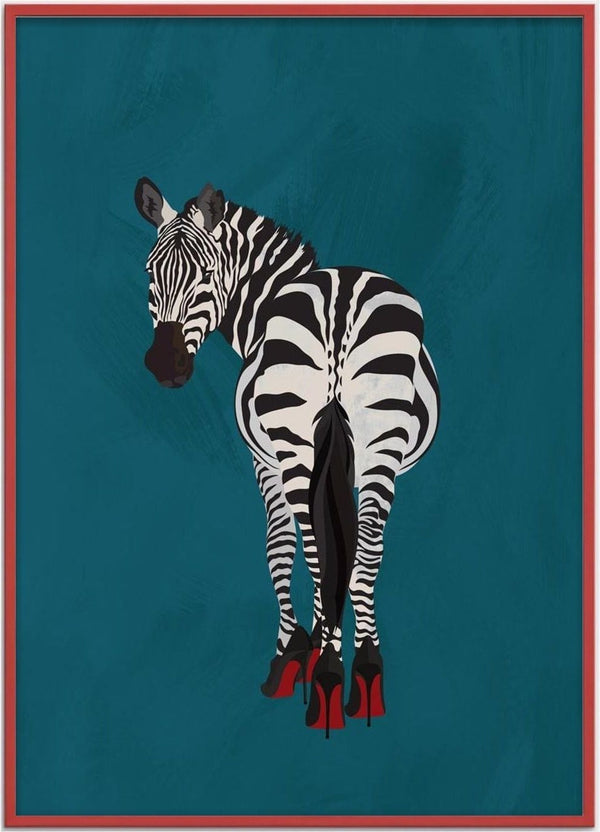 Illustration of a zebra wearing red high heels, set against a teal background.