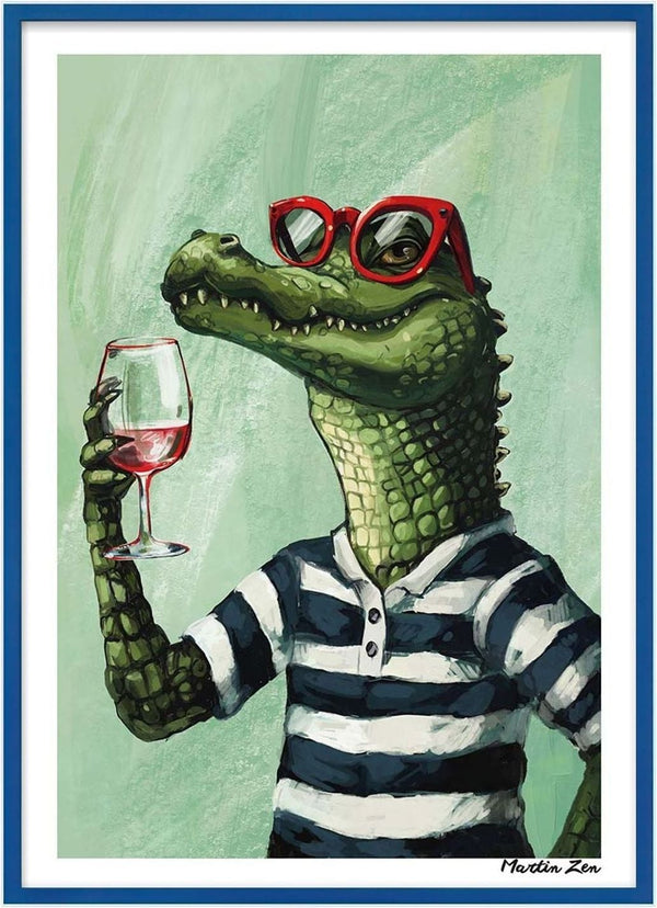 Illustration of an alligator in a striped shirt and red glasses holding a wine glass, by Martin Zen for Zoomelier.