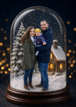 Snow Dome Portrait personalised poster – a family with their baby under a tall glass snow dome with a pine tree and a glowing log cabin